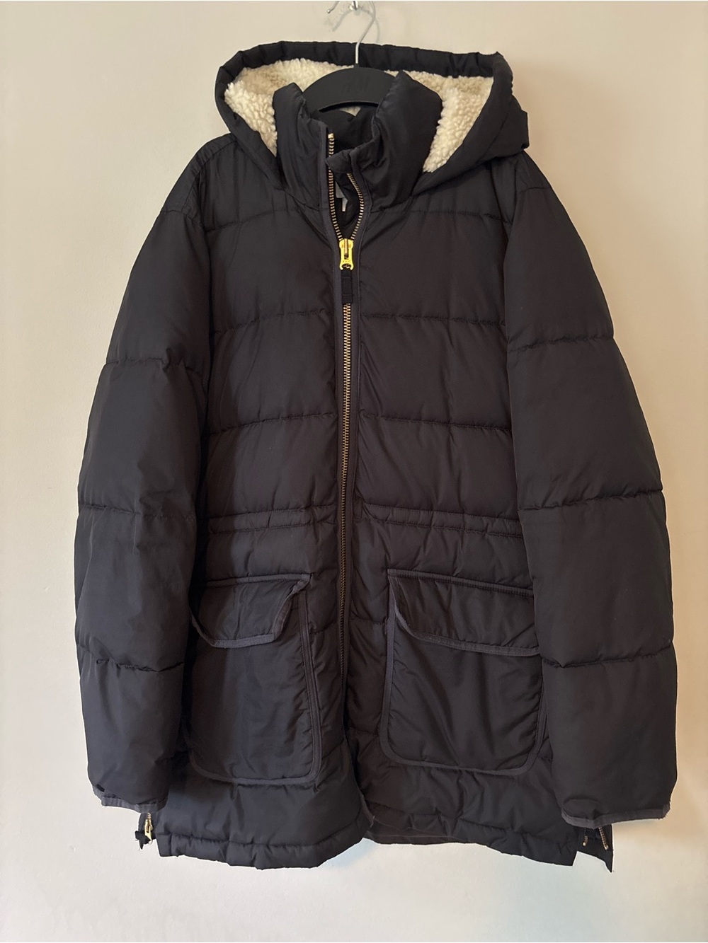 J.Crew Vail Puffer Coat Black Sherpa Hood Size L
